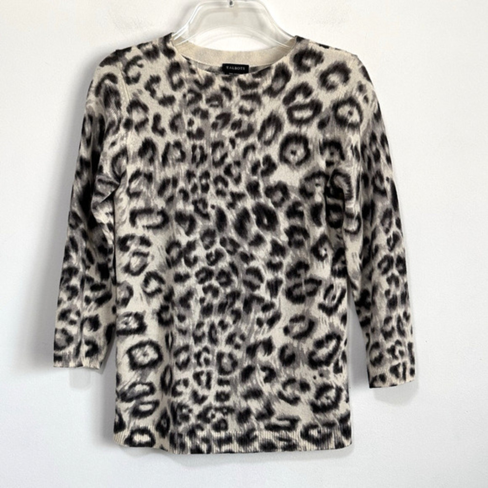 Talbots 100% Pure Cashmere Sweater XS Animal Print 3/4 Sleeve Pullover Crewneck